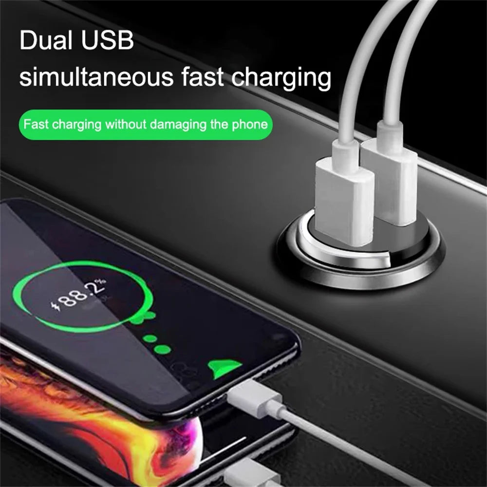 Wakefresh 200W mini dual ports USB car charger with fast charging for iPhone, Xiaomi, Huawei, Samsung, shown plugged into a vehicle lighter socket.