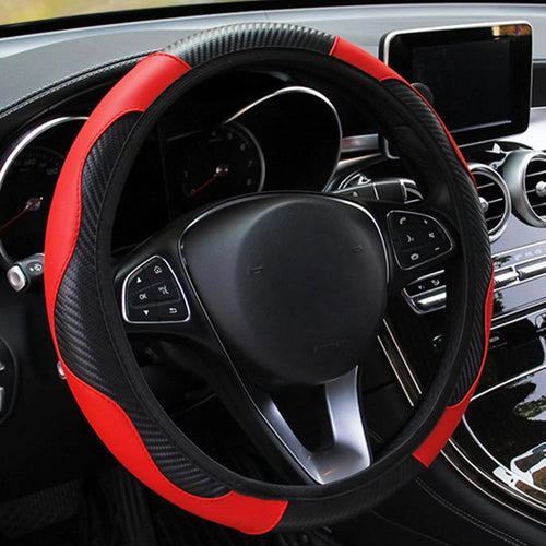 Wakefresh breathable PU leather car steering wheel cover, anti-slip accessory for 37-38cm steering wheels, enhances grip and comfort.