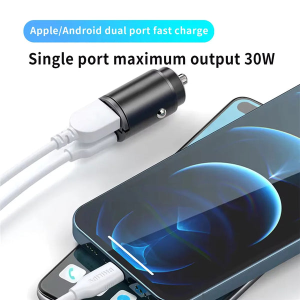 Wakefresh 100W/200W QC3.0 PD mini car charger with USB Type C port, fast charging for Xiaomi, Samsung, Huawei, and iPhone.