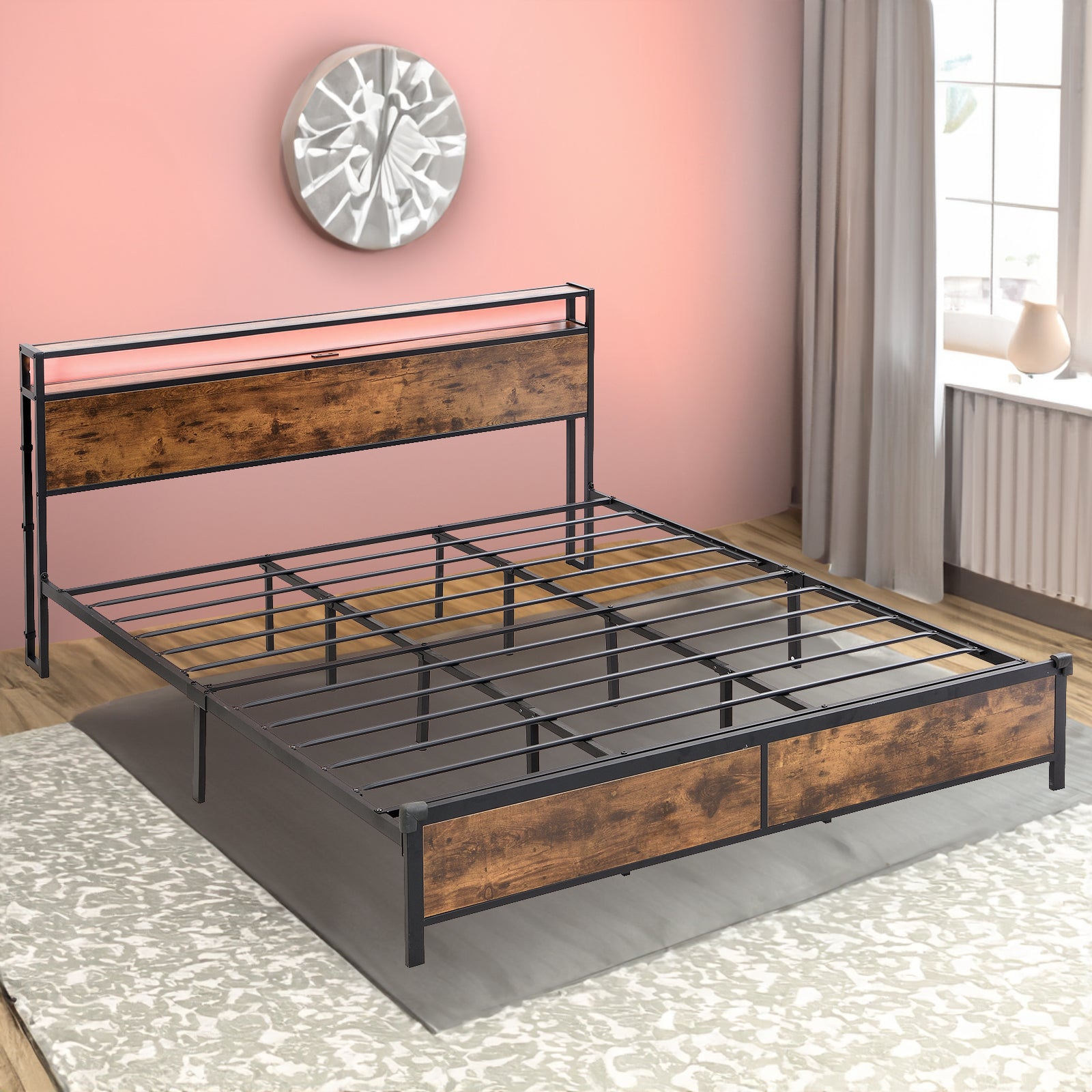 Industrial extra large bed frame by eprolo with LED lights, USB ports, storage space, rural brown finish, sturdy and modern design.