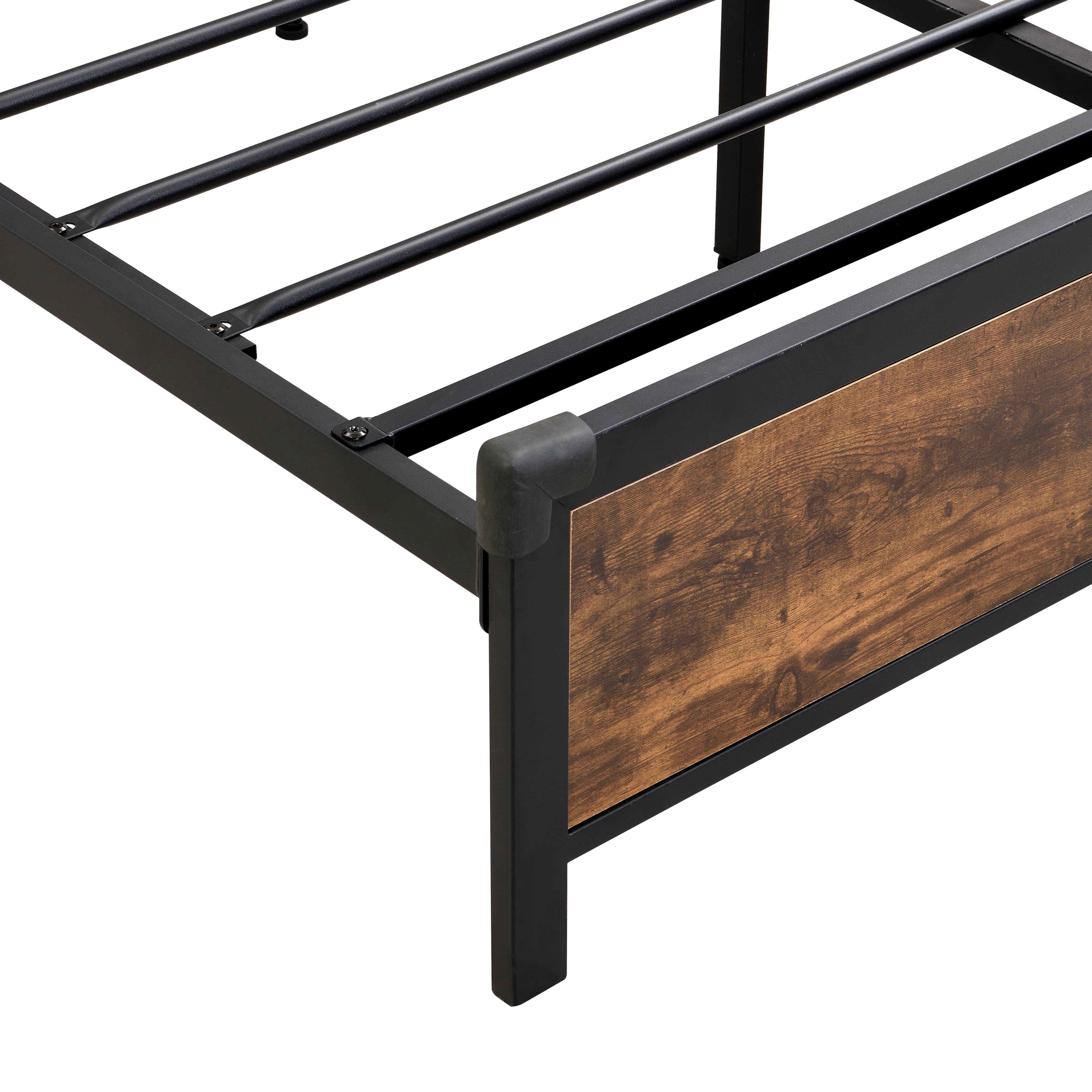 Industrial extra large bed frame by eprolo with LED lights, USB ports, storage, in rural brown color, shown with a mattress.