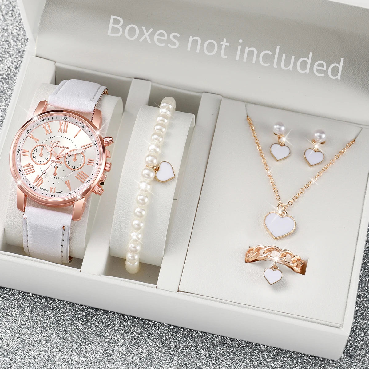 Wakefresh women's quartz watch with leather band and rhinestone jewelry set, featuring an analog wristwatch and matching accessories.