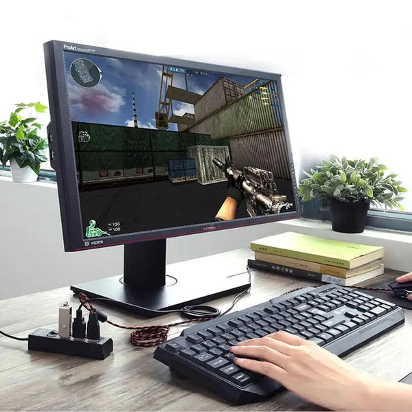 Wakefresh USB hub splitter with 7 ports, individual switches, and power adapter, ideal for multi-device connectivity.