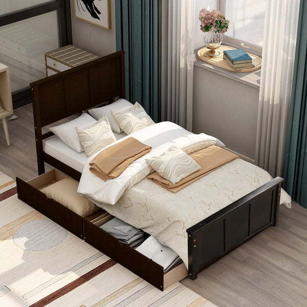 Twin size Espresso platform storage bed by eprolo with two drawers and wheels, showcasing a sturdy frame and sleek design.