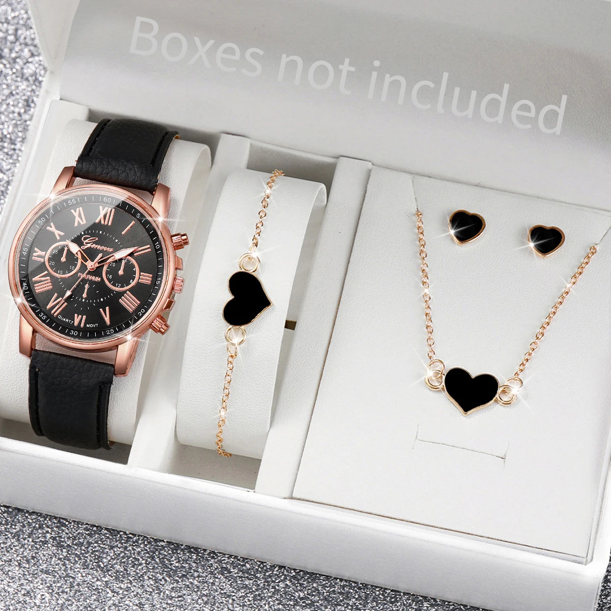 Wakefresh women's quartz wristwatch with leather band and rhinestone jewelry set, featuring an elegant analog design and stylish accessories.
