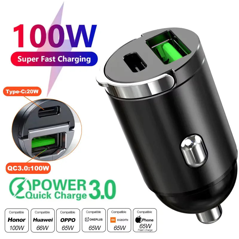 Wakefresh 100W/200W QC3.0 PD mini car charger with USB Type C port for fast charging Xiaomi, Samsung, Huawei, and iPhone.
