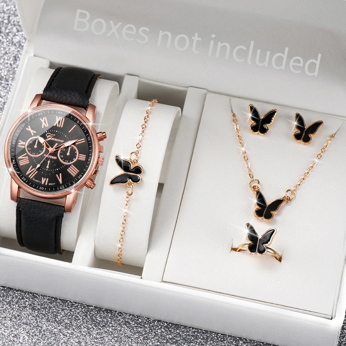 Wakefresh women's quartz wristwatch with leather band and rhinestone accents, paired with a matching jewelry set.