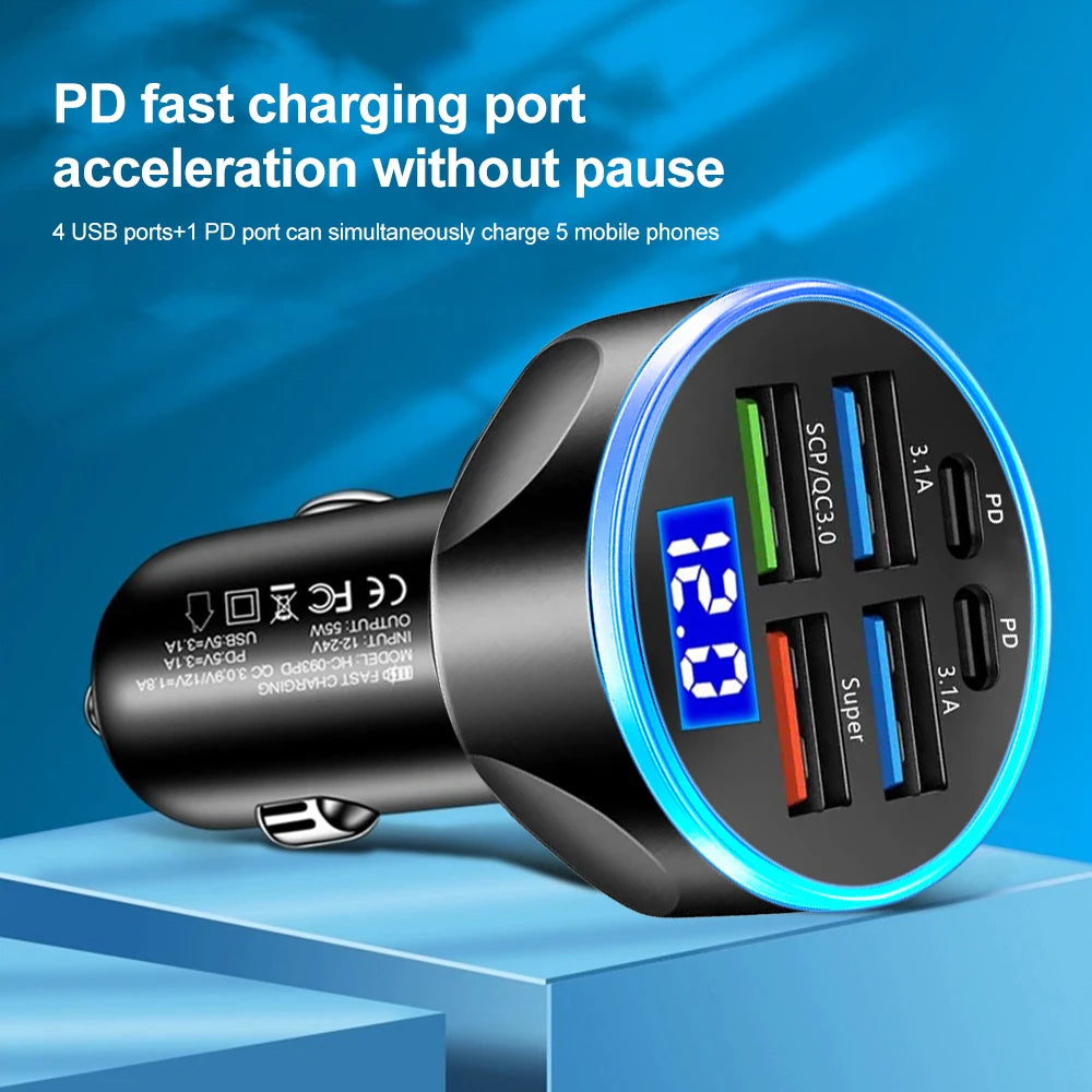 Wakefresh 250W PD car charger with 6 USB ports, digital display, fast charging, and cigarette lighter plug for vehicle use