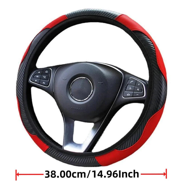 Wakefresh breathable PU leather car steering wheel cover, anti-slip accessory fits 37-38cm steering wheels, enhances grip and comfort.