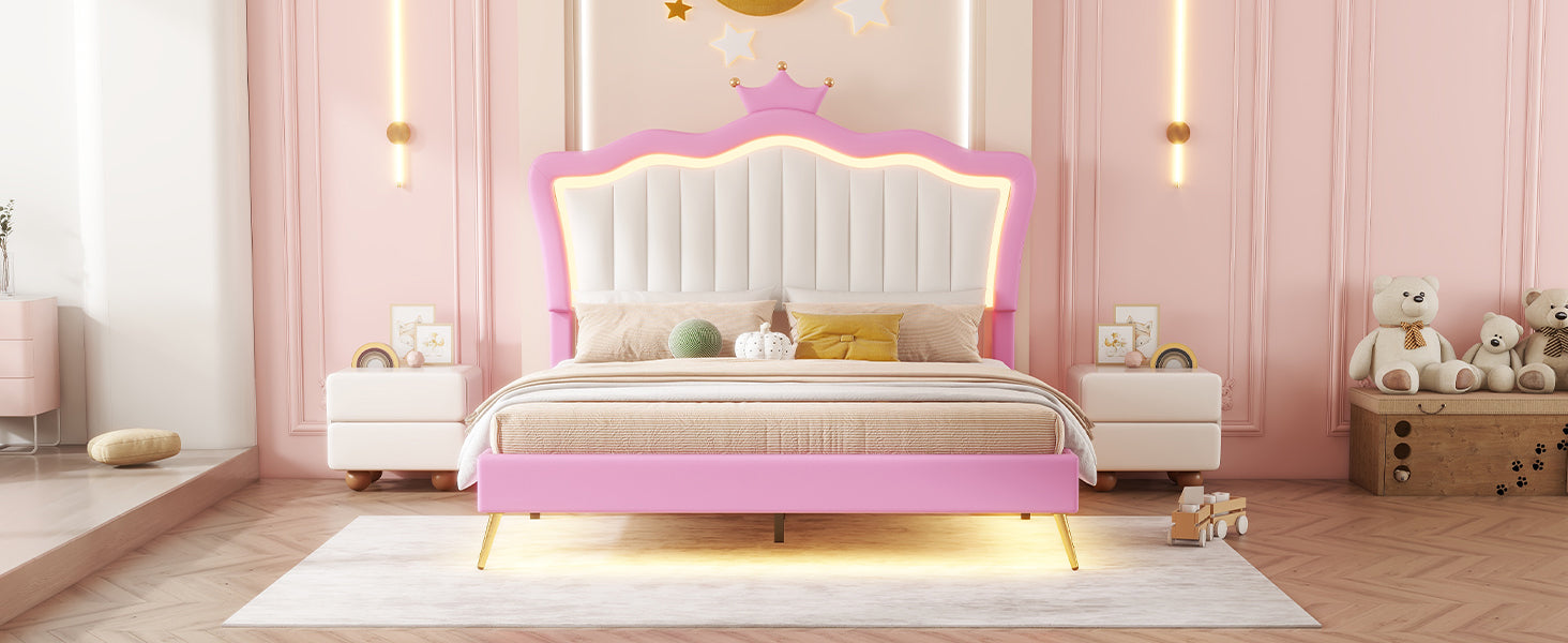 Pink upholstered princess bed frame with crown headboard, LED lights, modern design, and white accents from eprolo.