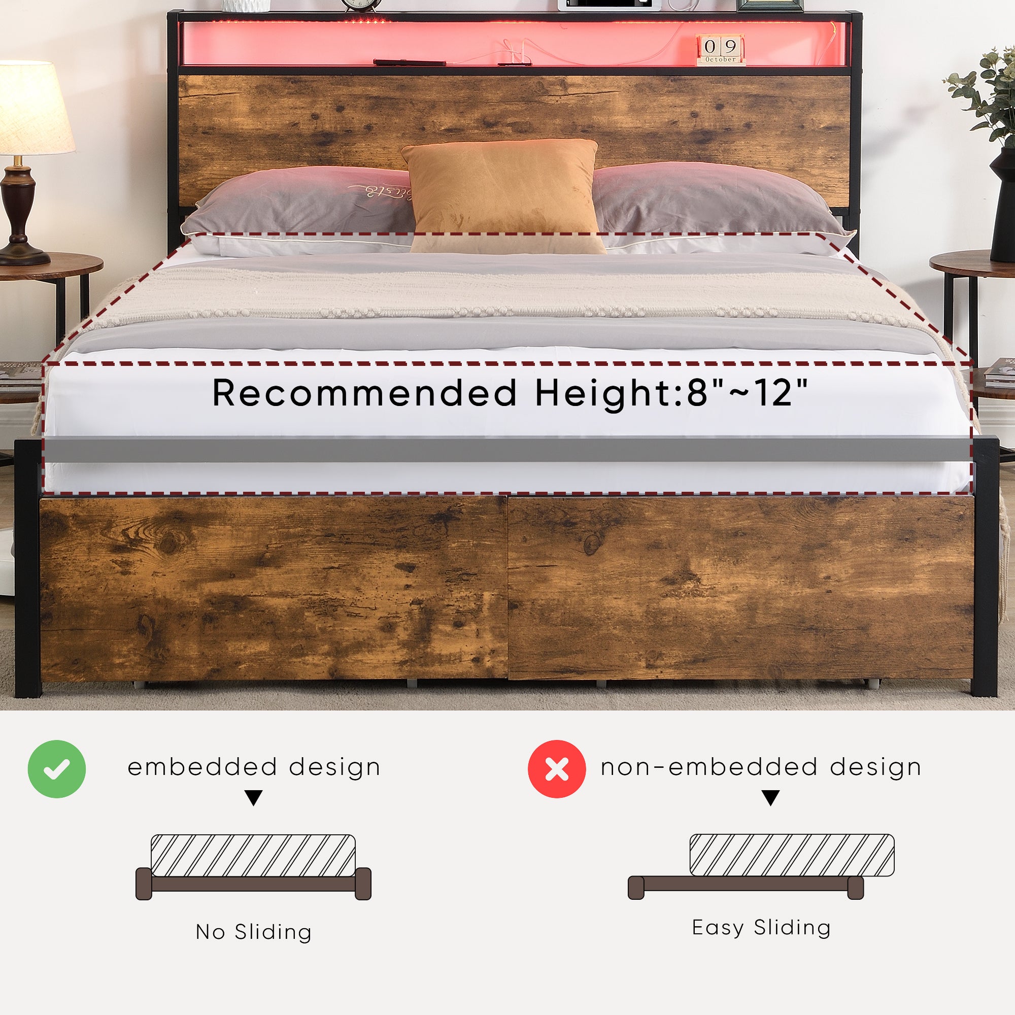 Eprolo large metal platform bed frame with storage headboard, LED lighting, built-in charging station, and two drawers.