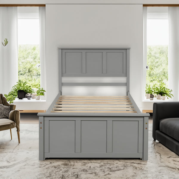 Gray twin size platform storage bed with two drawers on wheels, featuring a modern frame by eprolo.