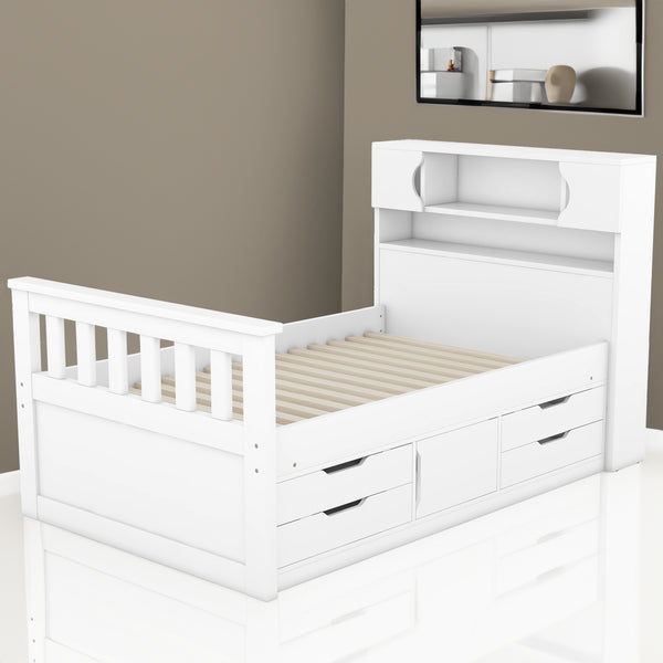 White twin size captain platform bed frame with built-in storage bookcases, shelves, and four drawers by eprolo.