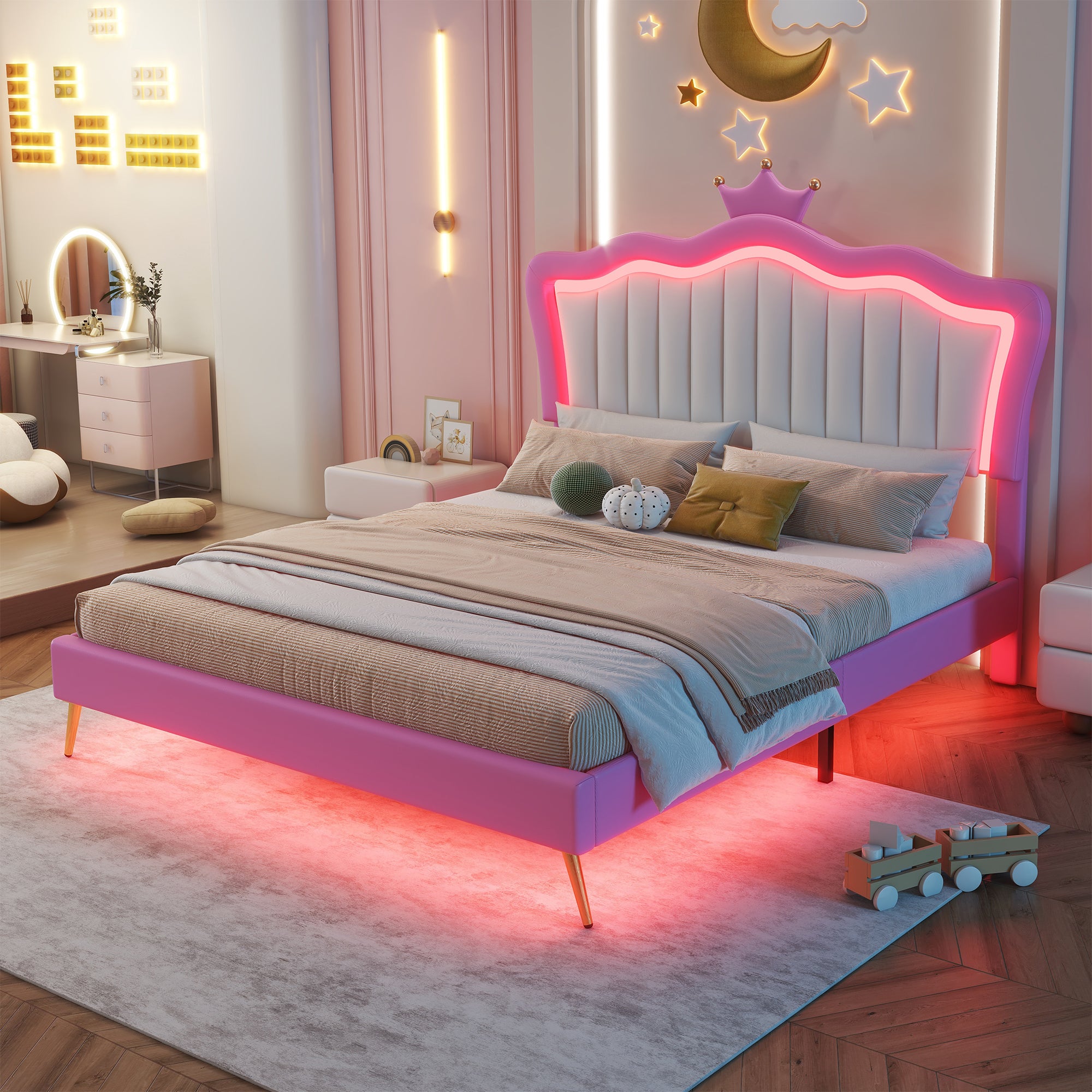 Full size pink and white upholstered princess bed with crown headboard and integrated LED lights, modern bedroom furniture by eprolo.