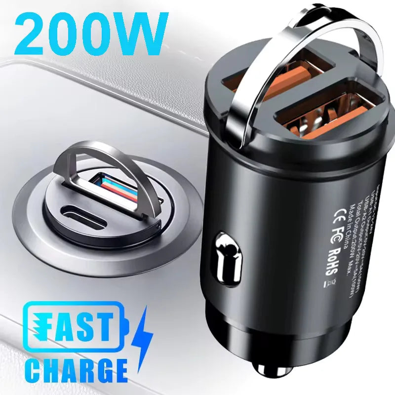 Wakefresh 100W/200W QC3.0 PD mini car charger with USB Type C and USB ports for fast charging Xiaomi, Samsung, Huawei, and iPhone.