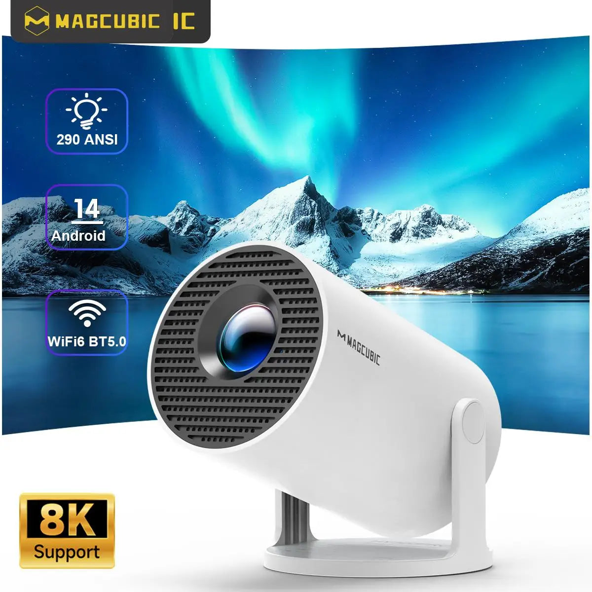 Wakefresh Magcubic HY300 Pro 8K projector showing a home cinema setup with vibrant images and outdoor projection in a dark room.