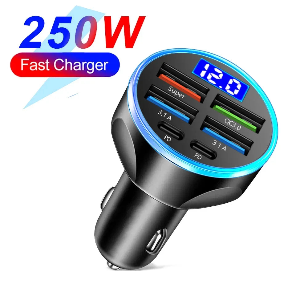 Wakefresh 250W PD Car Charger with 6 USB ports, digital display, fast charging, QC3.0, and cigarette lighter plug for vehicles.
