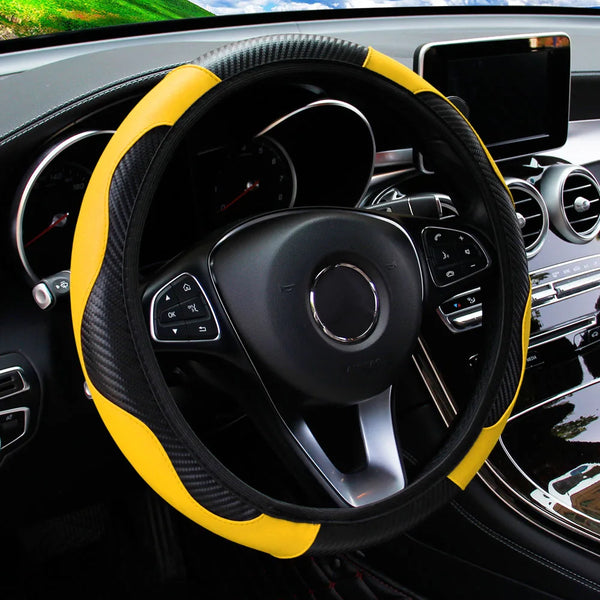 Wakefresh PU carbon fiber leather car steering wheel cover for 14.5-15 inch wheels, stylish automotive accessory with a sleek finish.