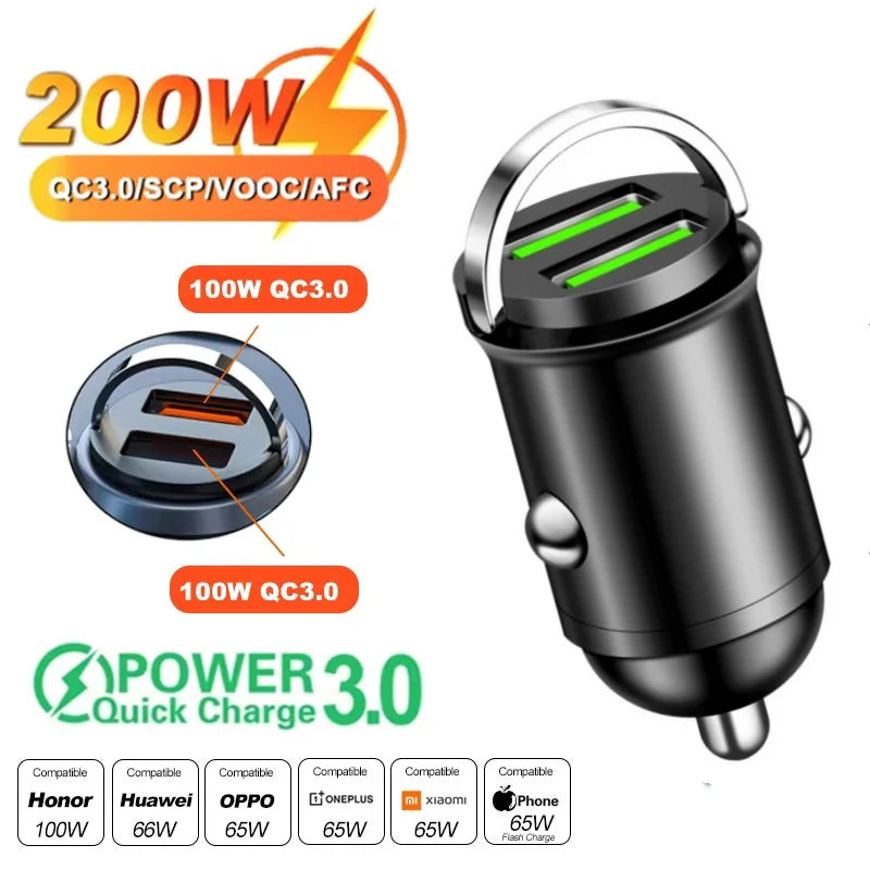 Wakefresh 100W/200W QC3.0 PD mini car charger with USB Type C port for fast charging compatible with Xiaomi, Samsung, Huawei, iPhone