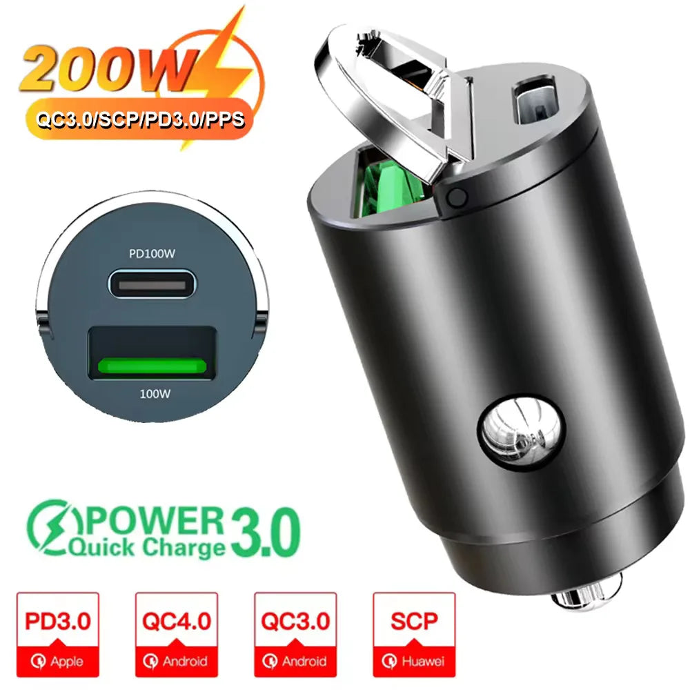 Wakefresh 100W/200W QC3.0 PD mini car charger for 12-24V vehicles with USB Type C fast charging for Xiaomi, Samsung, Huawei, iPhone