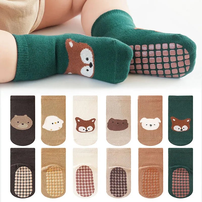 6 Pairs Kids Non - Slip Socks Cute Cartoon Fox and Bear Pattern Childrens Boys Girls Floor Socks Comfortable for Toddler - Wakefresh